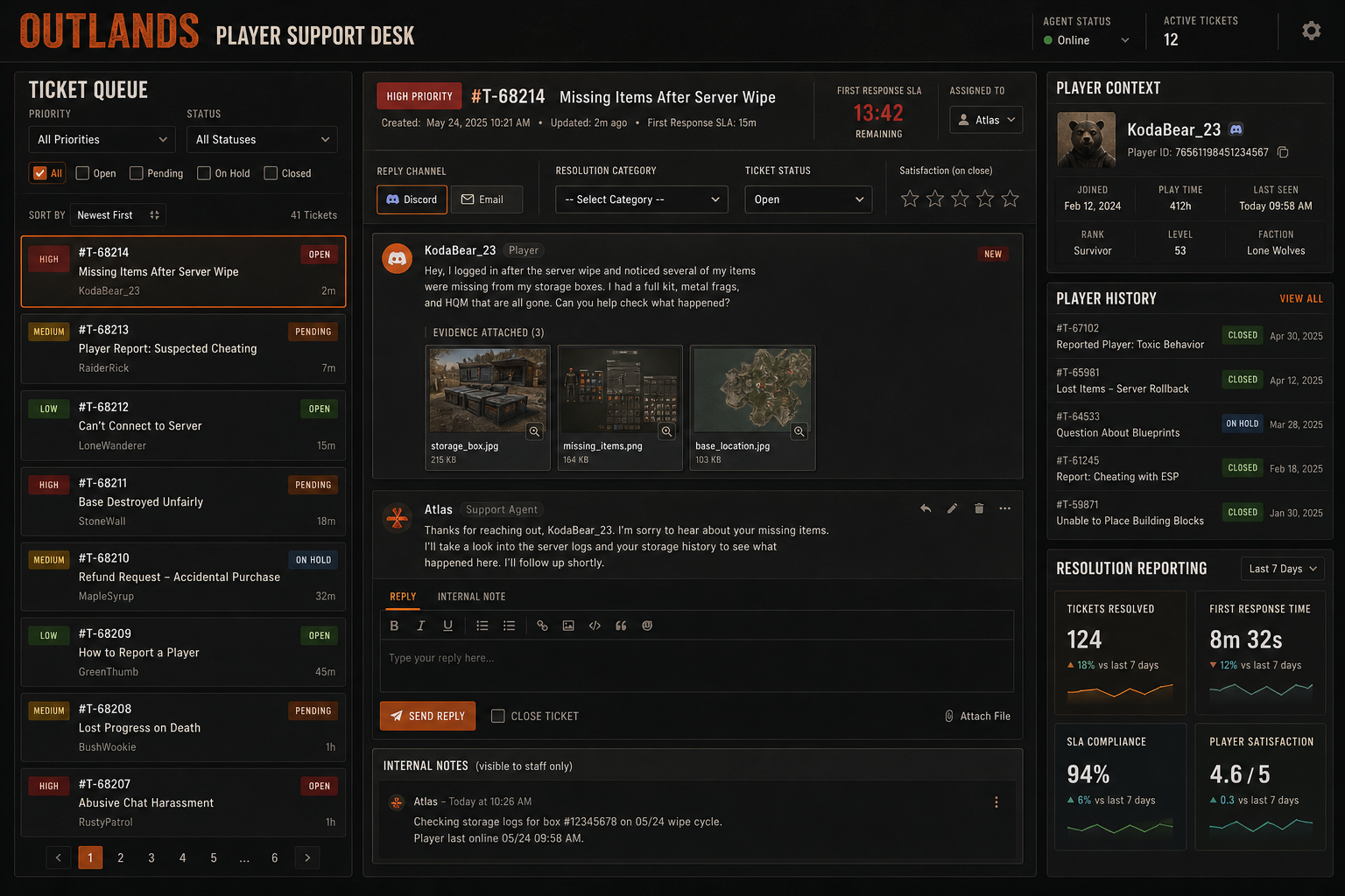 Player Support Desk detailed interface preview